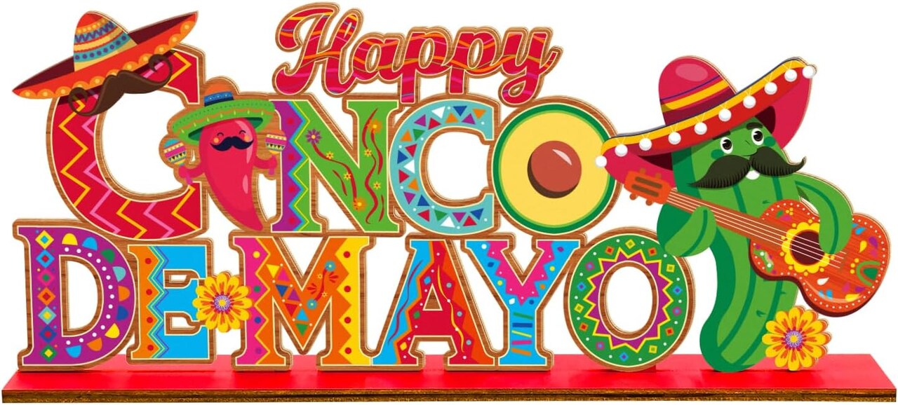 Cinco de Mayo Wooden Table Centerpiece Sign – “Happy Cinco de Mayo” Fiesta Party Decoration, 11.8” x 5.2” Rustic Wood Display for Mexican Fiesta, Taco Bar, Kitchen & Home Decor
